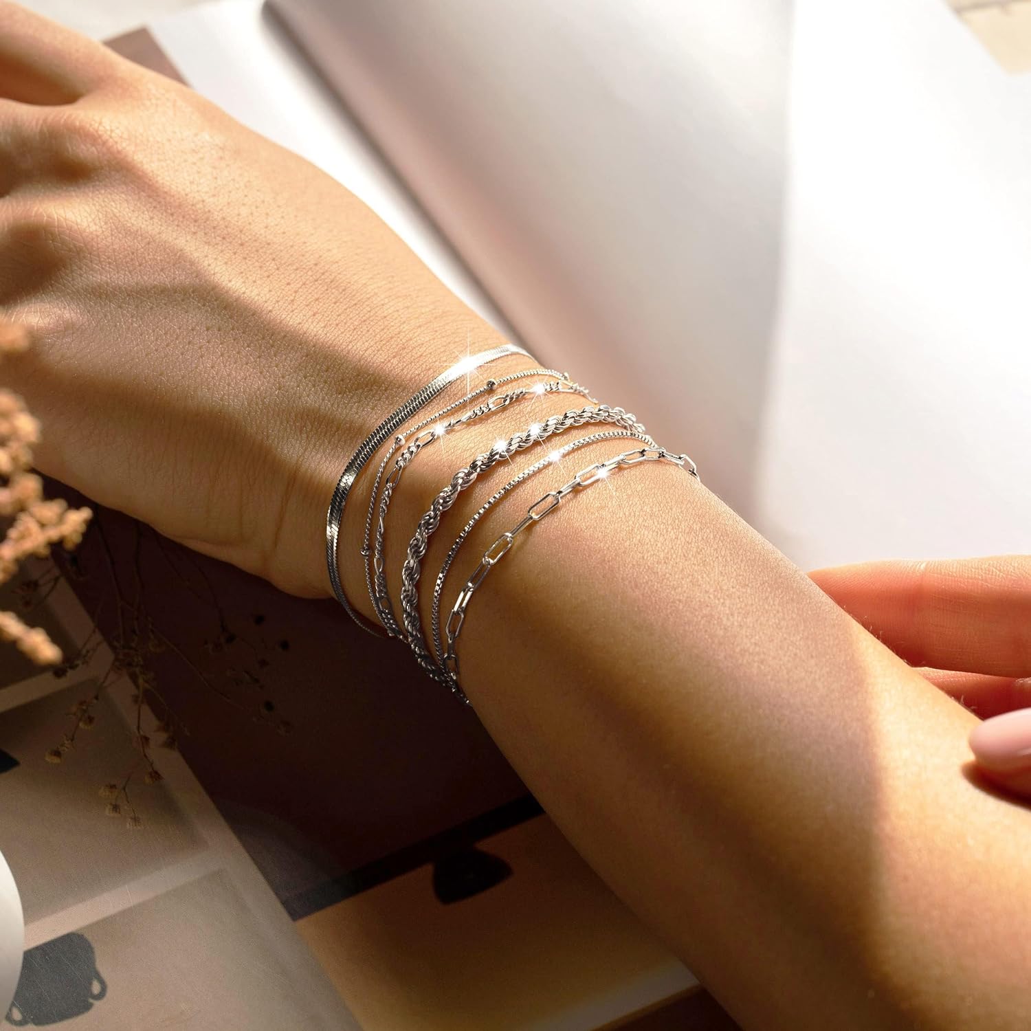 FREEKISS Gold Dainty Bracelets For Women Trendy Jewelry Set For Women Paperclip Box Herringbone Figaro Rope Chain Bracelet Fashion Pack Gifts outdoorfun Elegant Minimalist Bangle Adjustable Minimalist Bangle bracelet stack summerwins