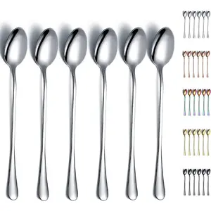 Stainless Steel 7.5" Long Handle Iced  Spoons - Mixing, Coffee, Stirring,  & Latte Spoons - Pack of 6