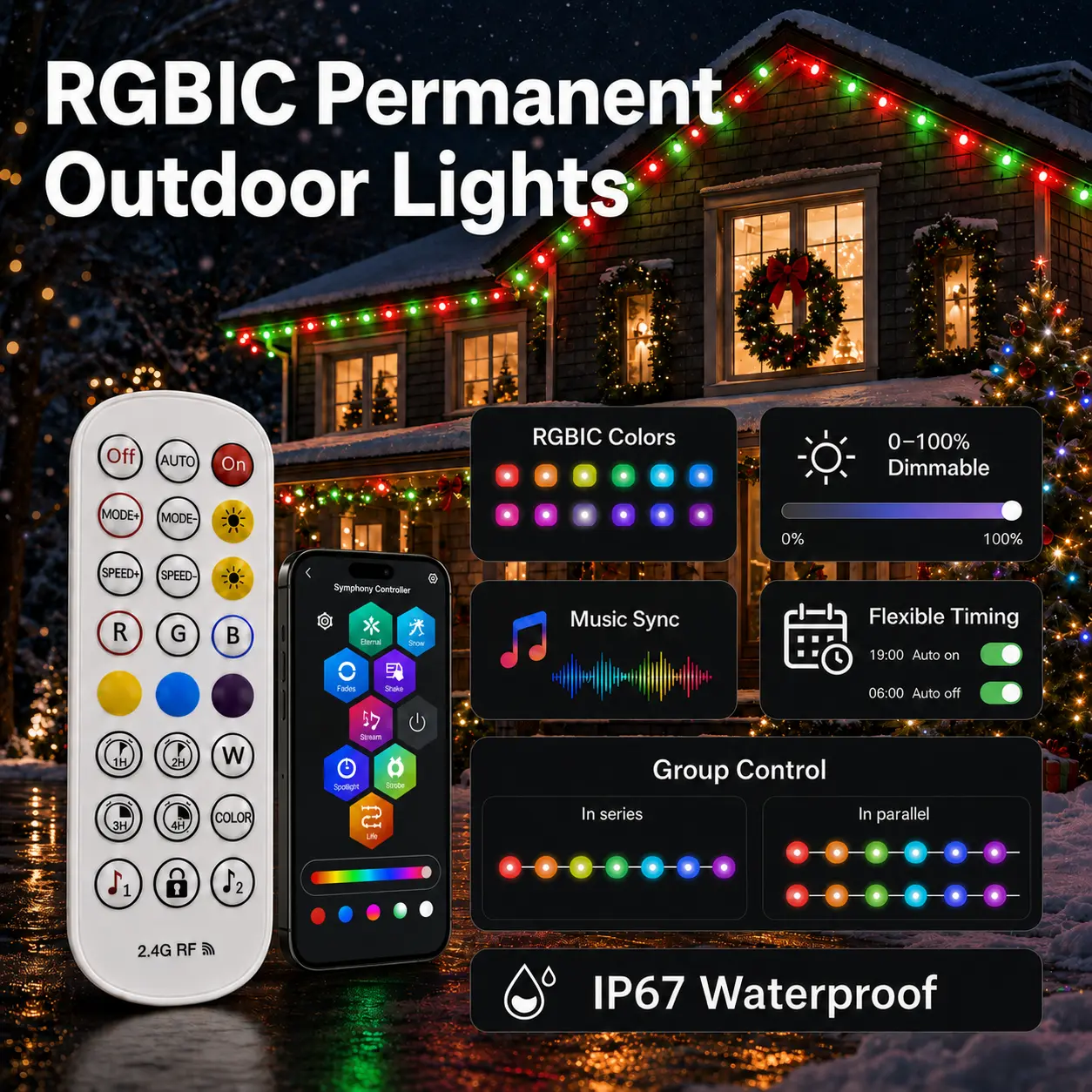 IP67 Waterproof Permanent  Lights for House, RGB+IC Outdoor LED Roof Lights with App and Remote Control, Color Changing Smart Roofline Lighting for Christmas Halloween Holiday Party Home Exterior and Everyday Use