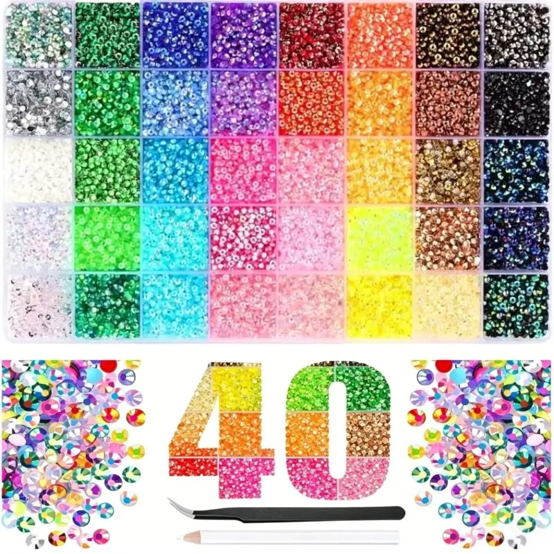 40000 Pcs Resin Jelly Rhinestones for Bedazzling, Flatback Colorful Gems for Crafting, 40 Grid 3/4mm Bedazzling Kit for Clothing Shoes Nail Book Diamond Art Make up Accessories diy craft supply birthday festival party