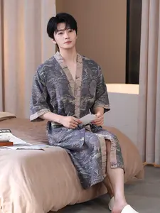 Breathable Double Gauze Cotton Bathrobe Three Quarter Sleeve Casual Nightgown