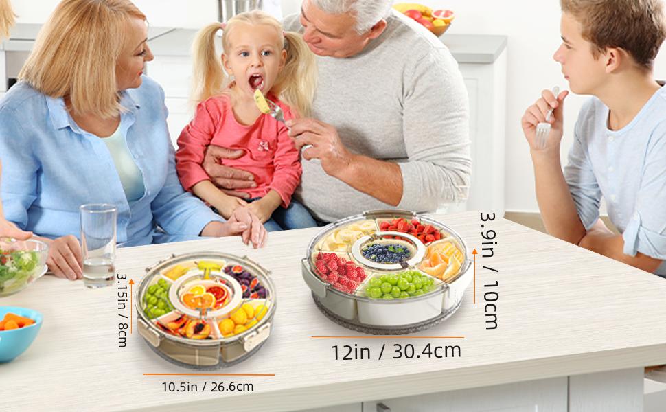 Divided Serving Tray with Lid and Handle 8-Piece Set Stackable Snack Box for Fruits Candy Organizer Portable Spinning Rounded Veggie Tray for Kitchen Party Travel Picnic Meal Prep Plate Snack Supplies