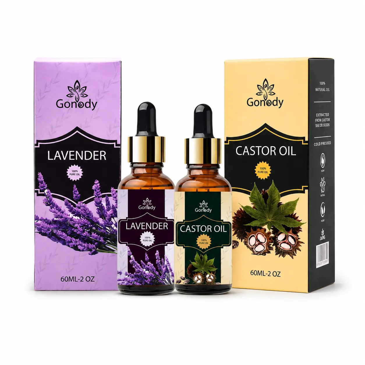 GONODY Essential Oils 60ml | Organic Castor Oil & Lavender Oil | 100% Pure Natural Cold Pressed Beauty Oil for Hair, Skin, Beard, Massage, Aromatherapy & Daily Care