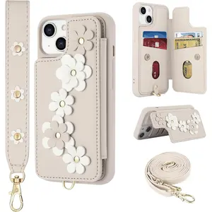 L-PCS009  Compatible with iPhone 13 / iPhone 14 Wallet Case with Card Holder for Women, Kickstand, Crossbody Lanyard, Wrist Strap Flower Leather Flip Cover Designed for iPhone 13/14 6.1", Beige Durable Protection