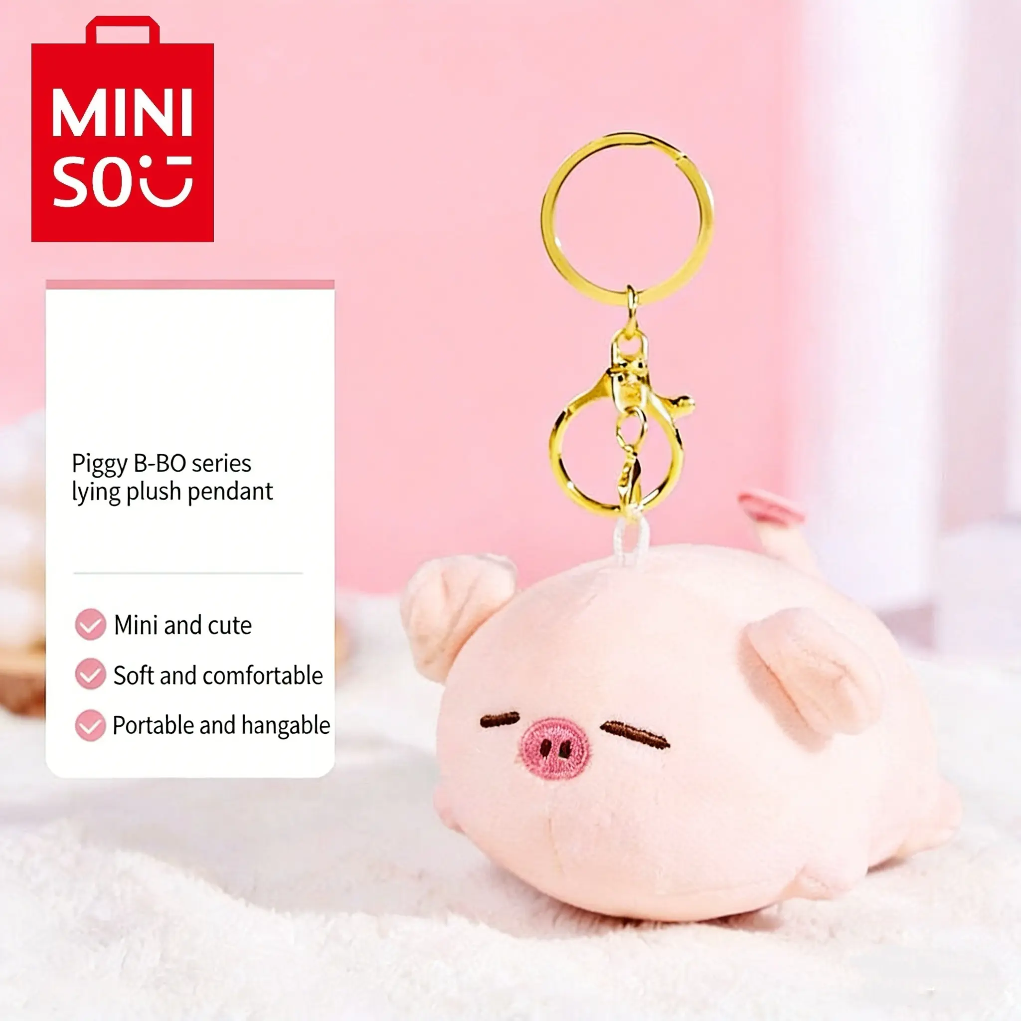 MINISO B-BO Pig Plush Keychain, Cute Lying Pig Stuffed Toy, Fluffy Backpack Bag Charm, Kawaii Pendant, Back to School Gift