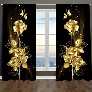 Two Pieces of Semi-Transparent Curtains Made of Polyester, Featuring a Spring-Summer Black And Golden Rose Theme. These Golden Rose And Butterfly Curtains Provide Privacy And Serve As Decorative Elements for The Living Room, Making Them a Romantic And Cre