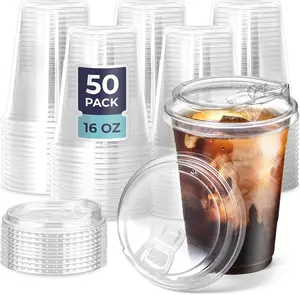 50 Pack 16 oz Clear Plastic Cups with Strawless Sip Lids, Disposable Plastic Coffee Cups with Lids, To Go Cups for Iced Coffee, Smoothies, Soda, Party Drinks, Bubble Tea, Cold Beverage