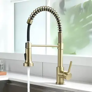 Kitchen Faucets with Pull Down Sprayer Brushed Gold -【High Arc】 Single Handle Single Hole Spring Kitchen Sink Faucet for Farmhouse RV Vessel Basin
