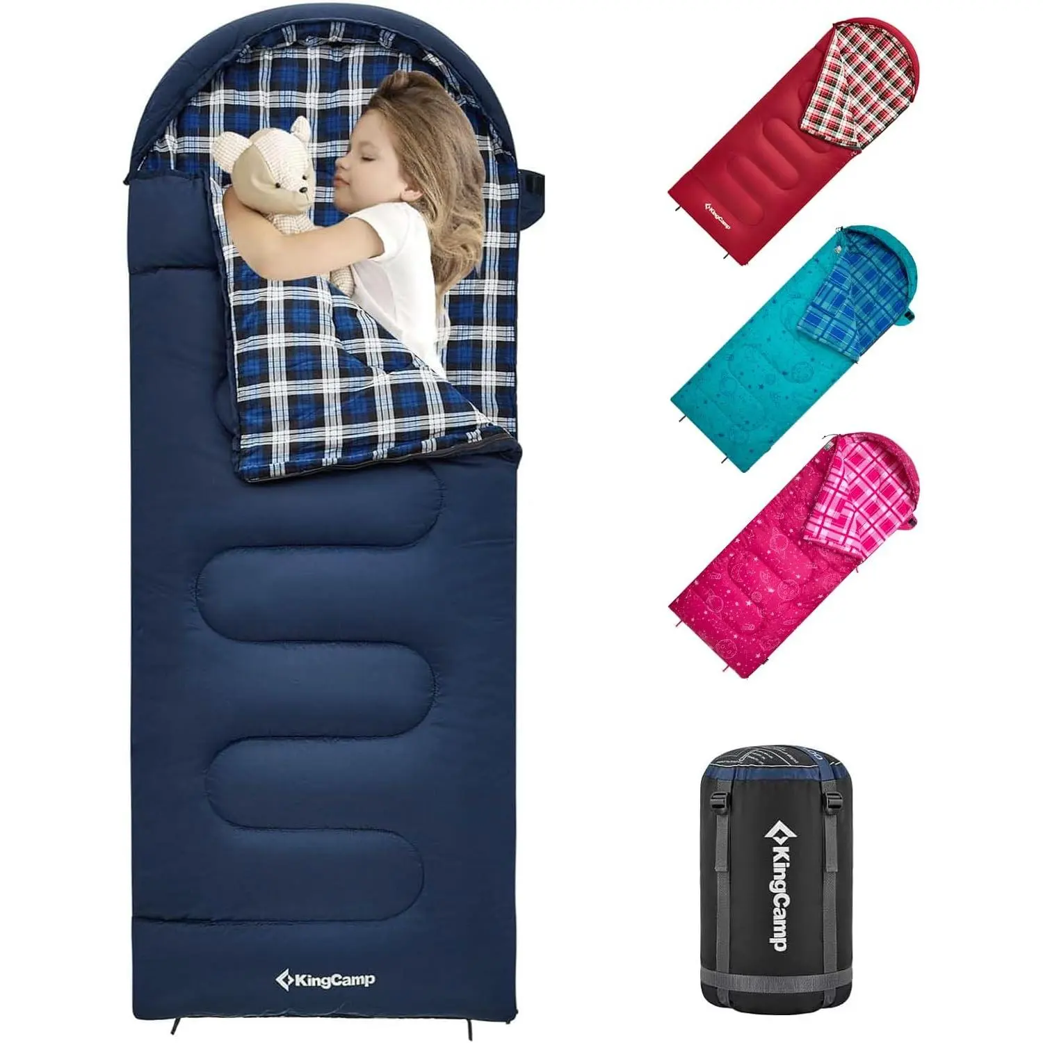 KingCamp Kids Flannel Sleeping Bag, Rectangular 45°F Lightweight Gear for 3-Season Camping, Windproof and Waterproof, Compact, Fits Youth up to 5'5", 1 To 5 Degrees Celsius