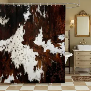 Cow Print Shower Curtain Set,Black Brown Cowhide Fabric Shower Curtain,Rustic Farmhouse Animals Fur Skin Bathroom Curtains, Western Bohemian Bathroom Decor