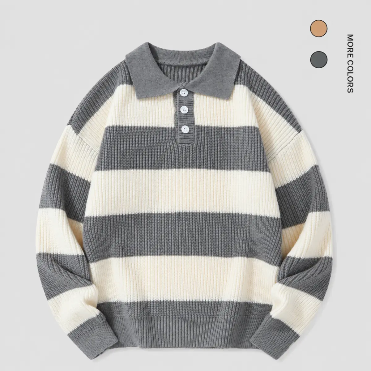 SAND SOUND Men's Classic Baggy Polyester Colorblock Striped Patchwork Knit Sweater - Menswear Knitwear, Long-Sleeve Collared Pullover, Casual Elegance Khaki Winter Top, No