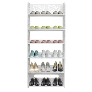 6-Tier White Wood-Plastic Shoe Rack 42x24x96.5cm, Waterproof Stable Space-Saving Storage for Living Room Bedroom Shoes Plants