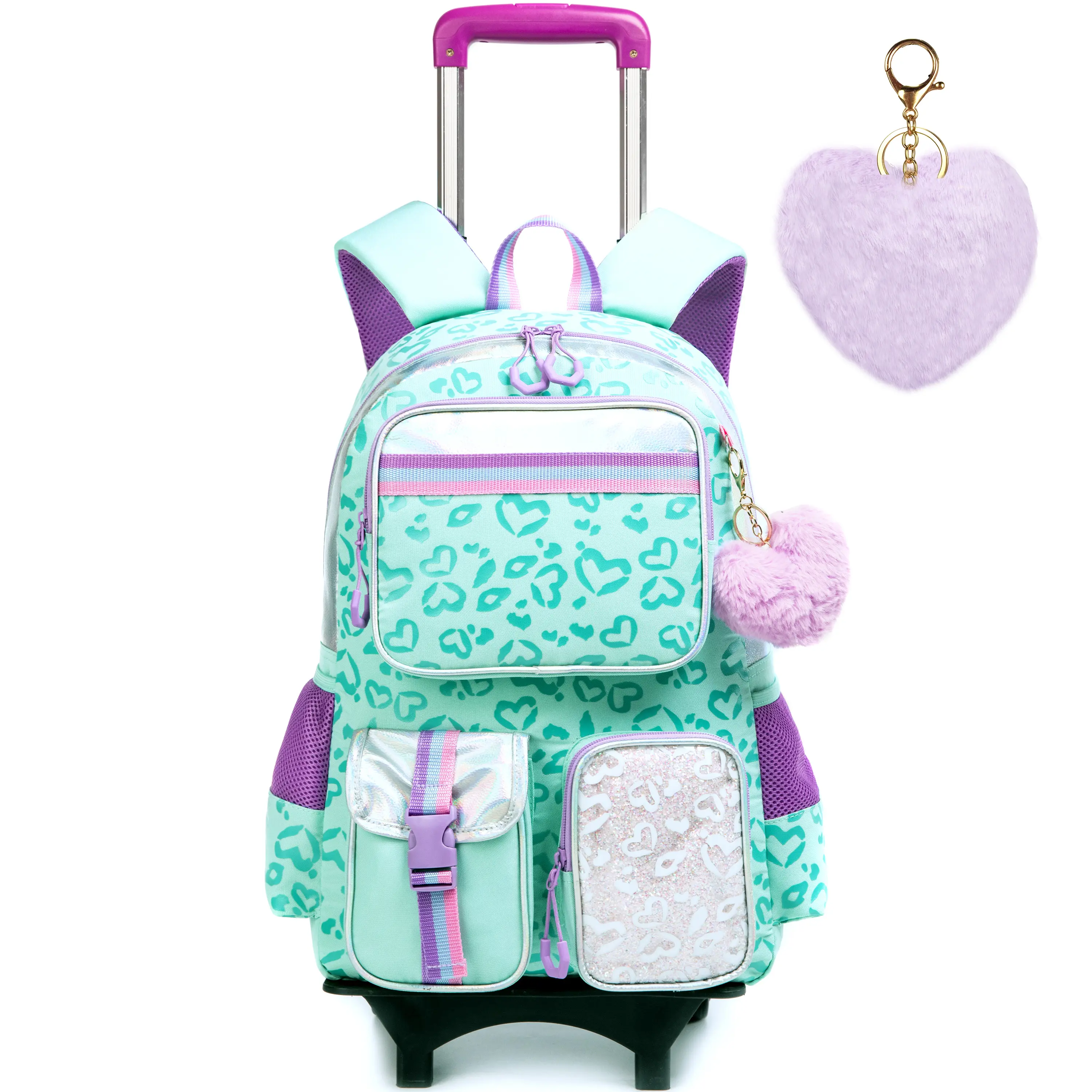 Mint Green Heart Leopard Rolling Backpack, 2-in-1 Wheeled School Bag with Glitter Pocket & Plush Pom Pom, Adjustable Telescopic Handle for Elementary School Girls