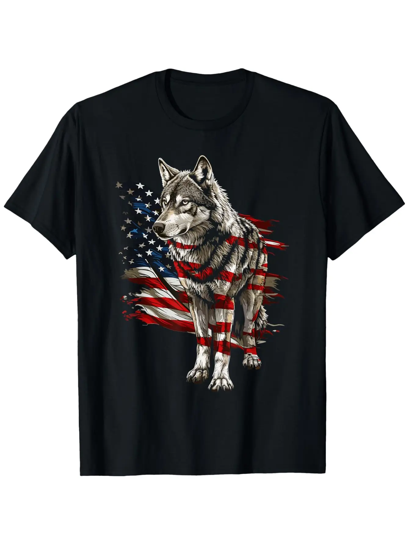 Wolf Outfit Patriotic Wolves 4th Of July USA American Flag T-Shirt, Suitable for unisex personality casual round neck outdoor short-sleeved t-shirt, slightly elastic,  cotton, S-XXXL