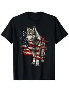 Wolf Outfit Patriotic Wolves 4th Of July USA American Flag T-Shirt, Suitable for unisex personality casual round neck outdoor short-sleeved t-shirt, slightly elastic, 100% cotton, S-XXXL