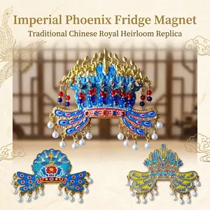 Chinese Imperial Palace Phoenix Crown Fridge Magnet, Metal Enamel Refrigerator Magnet with Dangling Pearl Tassels, Traditional Chinese Art Collectible Gift, Oriental Culture Souvenir for Home Decoration