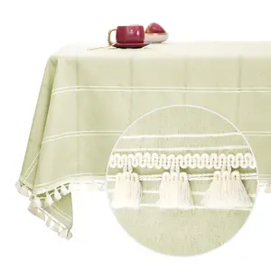 Deconovo Christmas Decorations Tablecloths Oblong Poly-Cotton Blend Tassel Waterproof Fade Resistant Table Cover For Outdoor Picnic 54 by 72 Inch Green