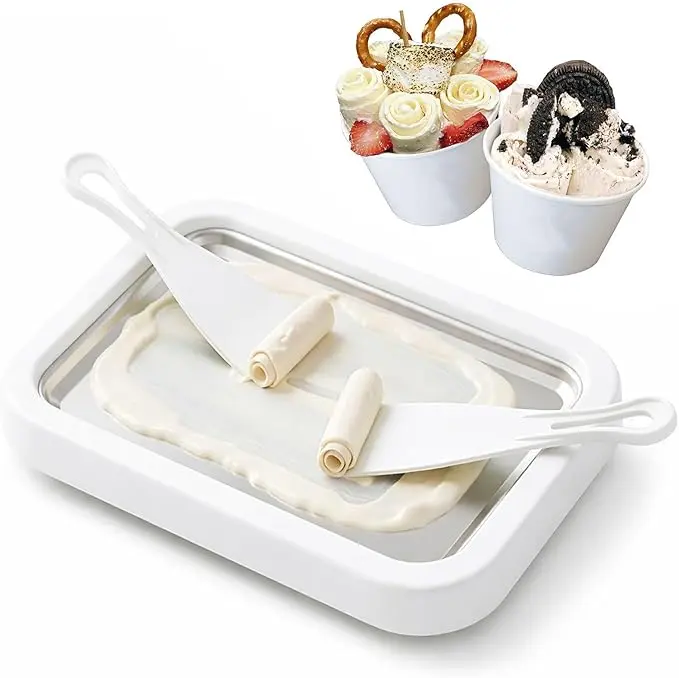 Manual Portable Non-Electric Rolled & Soft Serve Ice Cream Maker - Food-Grade Stainless Steel Plate, 2 Scrapers, Hand-Washable Easy-Clean Square Design, Ideal for Families & ASMR Bloggers, Pink & White