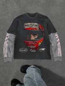 Men's Valley Dreams Geometric Graphic Long Sleeve with Goodyear Racing Helmet Print, Streetwear Top with Contrast Sleeves, Fitted for Casual Wear and Urban Fashion, Menswear