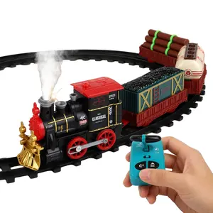 Remote Control Classic Train Set, RC Steam Train with Spray, Lights, Sound, Electric Train Toy, Cargo Car, Flexible Track, Birthday Gift