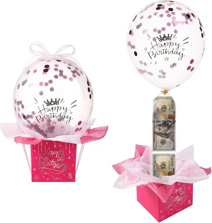 Pull Money Balloon Box for Cash Gift, Funny Happy Birthday Balloon Surprise Set with Balloons Ribbon Balloon Holder Surprising Birthday Money Box Pull Out Gifts for Girlfriend Wife