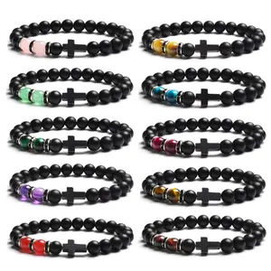 6/8/10mm Tiger Eye Lava Rock Stone Stretch Elastic Cross Bracelet,Cross Bracelet for Men Christian Bracelet Religion Cross Bracelet Faith Bracelet Black Tourmaline Bracelet Cross Beads Bracelet Natural Stone Bracelet Christian Gifts for Teens Boys
