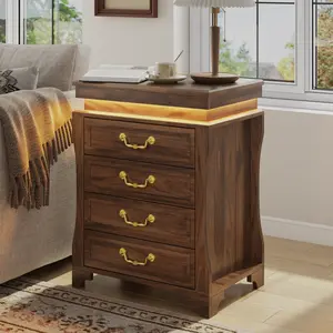 32“Tall Nightstand with Charging Station, Vintage Bedside Table with LED Lights and Hidden Compartment &, Night Stand with 4 Storage Drawers, Large Modern Nightstands Wood End Table(Walnut)