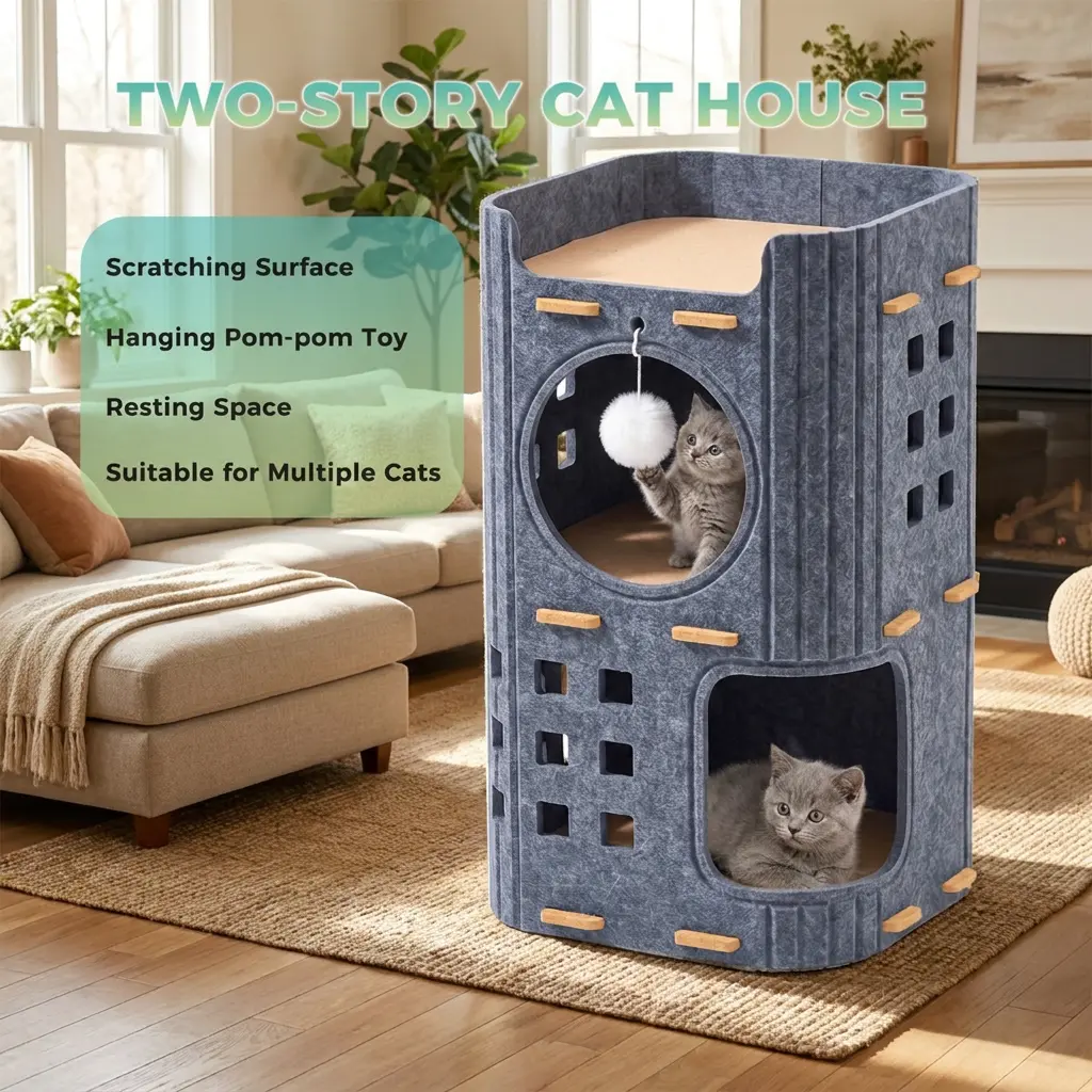 2-Story Felt Bunk Bed - Enclosed Cave with Hanging Pom-Pom Toy, Pet Furniture for 2-Pet Multi-Cat Indoor Homes