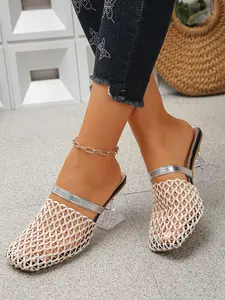 2026 Summer New Women's Closed-Toe Slippers, Thick Sole Mules, Breathable PU Leather, Fashionable Hollow Out Weave High Heel Sandals, Thick Sole Comfort