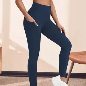 Women's high-waisted belly-controlling leggings with pockets - ultra-soft and elastic yoga and running sports pants in pure colors, made of a blend of polyester and spandex, running leggings, high-waisted pocket leggings, yoga pants