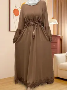 Women's Floral Lace Long Sleeve Loungewear Dress, Casual Comfy Breathable Nightgown, Soft Casual Nightdress for All Seasons, Ladies Sleepwear for Indoor Wear, Womenswear