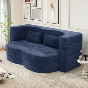 78" Convertible Queen Sleeper Sofa Bed with Pillows Modern Teddy Fabric Foam Folding Futon Chaise Lounge Sofa For Apartments Guest Rooms Condo Blue