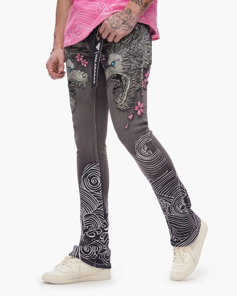 Women's Oversized Grey Wash Stretch Denim Stacked Jeans - Japanese-Inspired Cherry & Wave Embroidery Bottoms for Streetwear Outfits, 1-Piece Streetwear Bottoms, Everyday, Floral, Statement, Graphic, Decorated Jeans, City Street Fashion Jeans