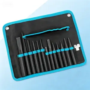 14-Piece Punch and Chisel Tool Kit with Rolling Pouch, Includes Pin Punch, Center Punch, Nail Punch, Alignment Tool, and Cold Chisel, Durable Metal Construction for Professional and Home Workshop Use