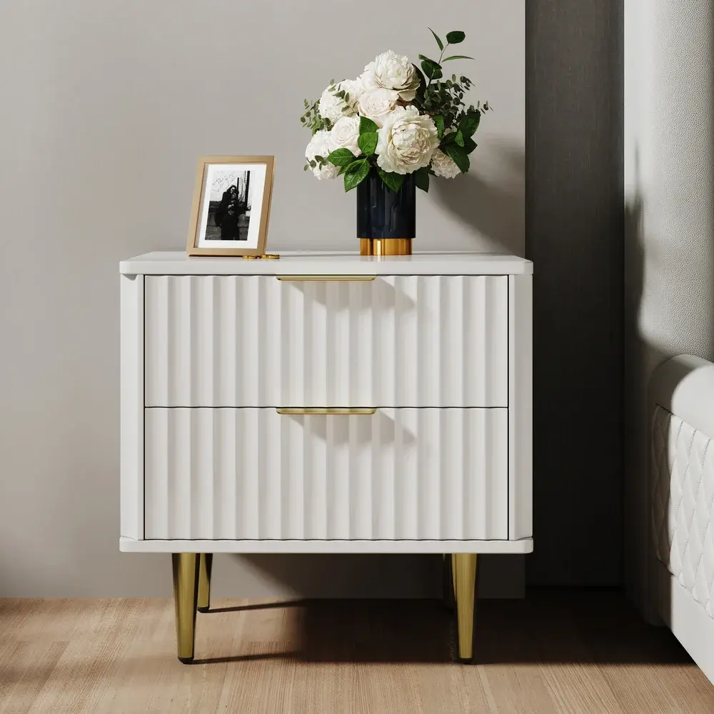 Homary Modern 2-Drawer Rectangle Bedroom Nightstand Cabinet - Flat-Top, Gold Metal Stand Durable Modern Accent Table, Dual-Use Contemporary Indoor Furniture
