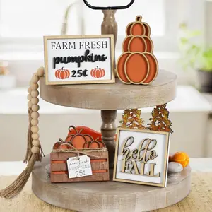 Fall Decor, 5PCS Fall Decorations for Home, Hello Sign, Stacked Pumpkin, Farm Fresh, Pumpkin Crate, Bead Garland, Rustic Tiered Tray Decor