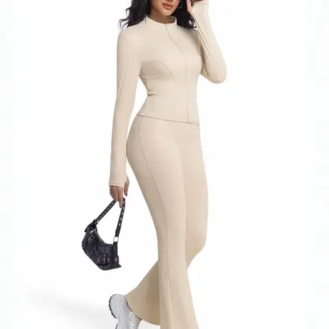 Women's High Waist Yoga Set, Stand Collar Full Zip Jacket & Wide Leg Pants, Soft Comfortable Workout Running Outfits Gym Training Running Cycling Hiking Golf Tennis Yoga Bottoms, Workout Sets, Yoga Clothes Set, Yoga Wear