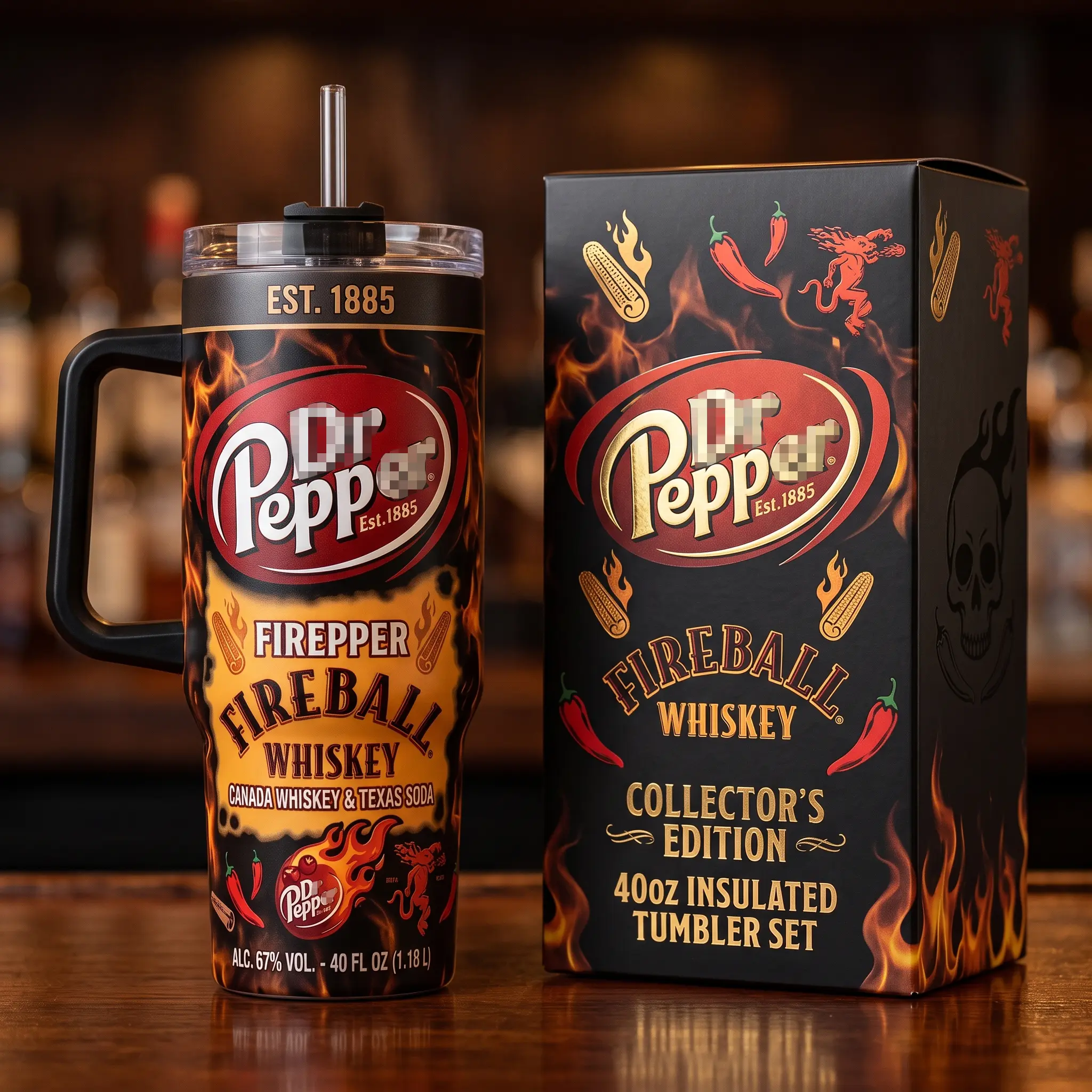 Pepper Fireball Whiskey 40 oz Tumbler, Limited Collector Edition Firepper Texas Soda Cinnamon Whiskey Stainless Steel Vacuum Insulated Car Cup Mug with Handle Straw, Flame Graphic Drinkware, Unique Gift for Whiskey Fan