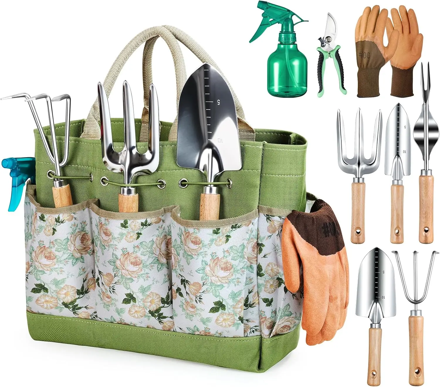 QUEP 9-Piece Heavy-Duty Metal Garden Hand Tool Kit - Rust-Proof Stainless Steel Weeding, Digging, Cutting Tools with Wood Handles, Durable Storage Bag, Ideal Gardening Gift for Women for Holidays, Birthdays, All Seasons