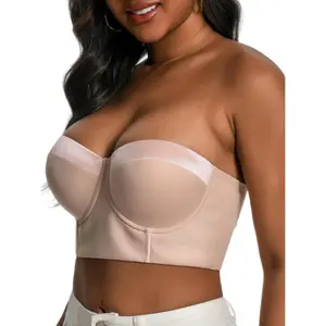 Women Longline Strapless Back Smoothing Support with Clear Straps for Big Bust Fat, No Move on Wedding Party C/D/DD/DDD