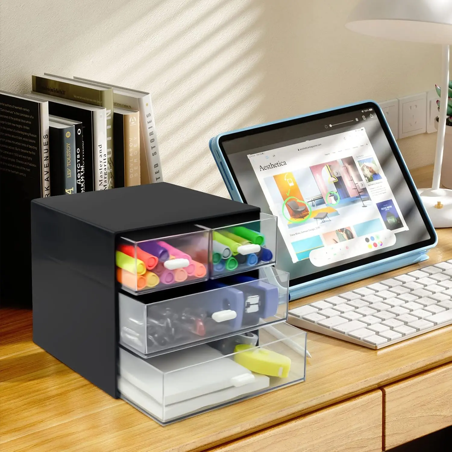Desk Organizer with Drawer, Desk Storage Box (4 drawer, Black) | [Plastic Office Stationery Supplies Organizers] [Desktop Organizer for Office School Home ]