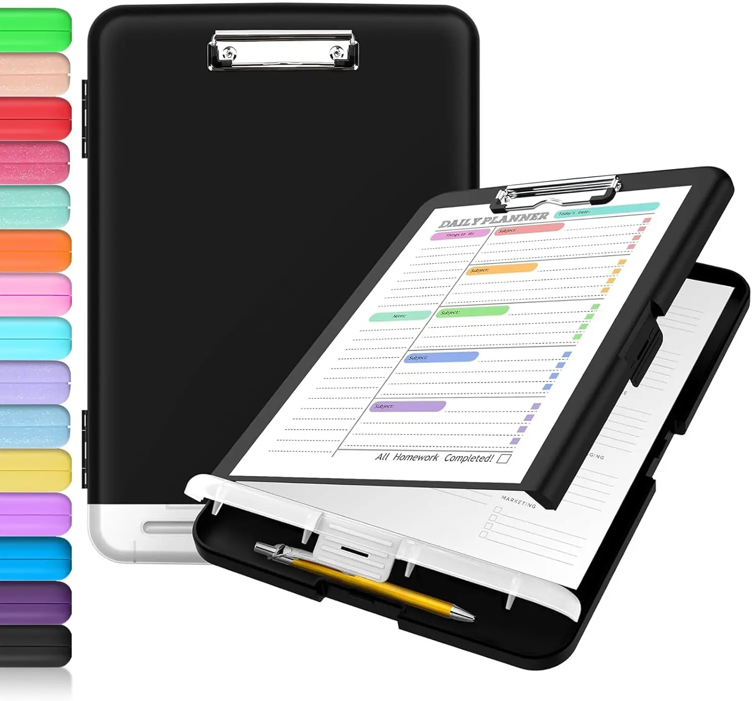 Sooez Durable Plastic Clipboard with Storage - 8.5x11 Case, Low-Profile Clip, Built-in Pencil Compartment, Dual Storage Compartments, Ergonomic Finger Grips, Easy to Clean for Students, Office Use, Black
