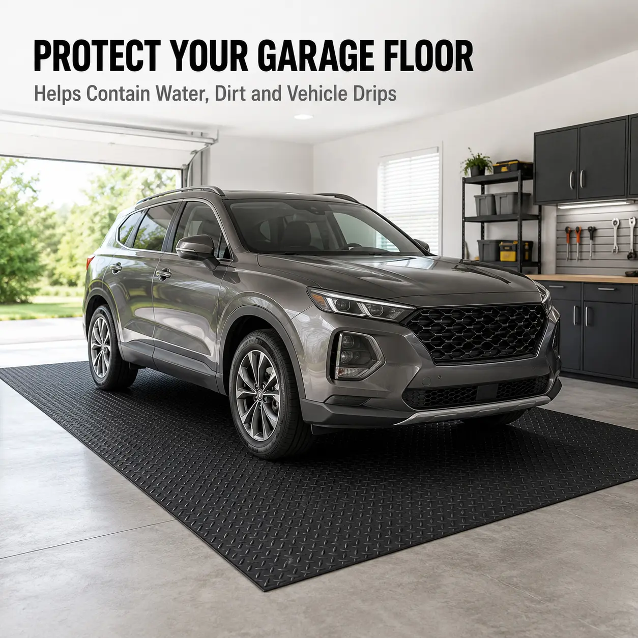 65" x 39" PVC Garage Floor Mat - 2.3mm Thick Diamond Plate Pattern Roll, Anti-Slip Waterproof Protector with Industrial Look & Anti-Slip Grip for Garage, Workshop Use