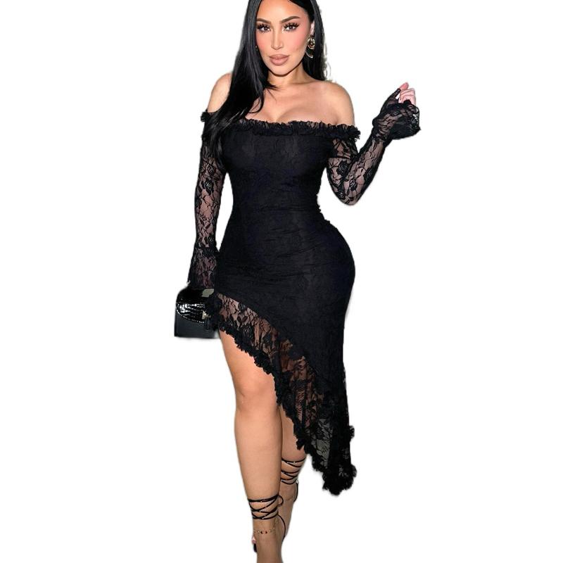 Midnight Lace Asymmetrical Gown Elegance