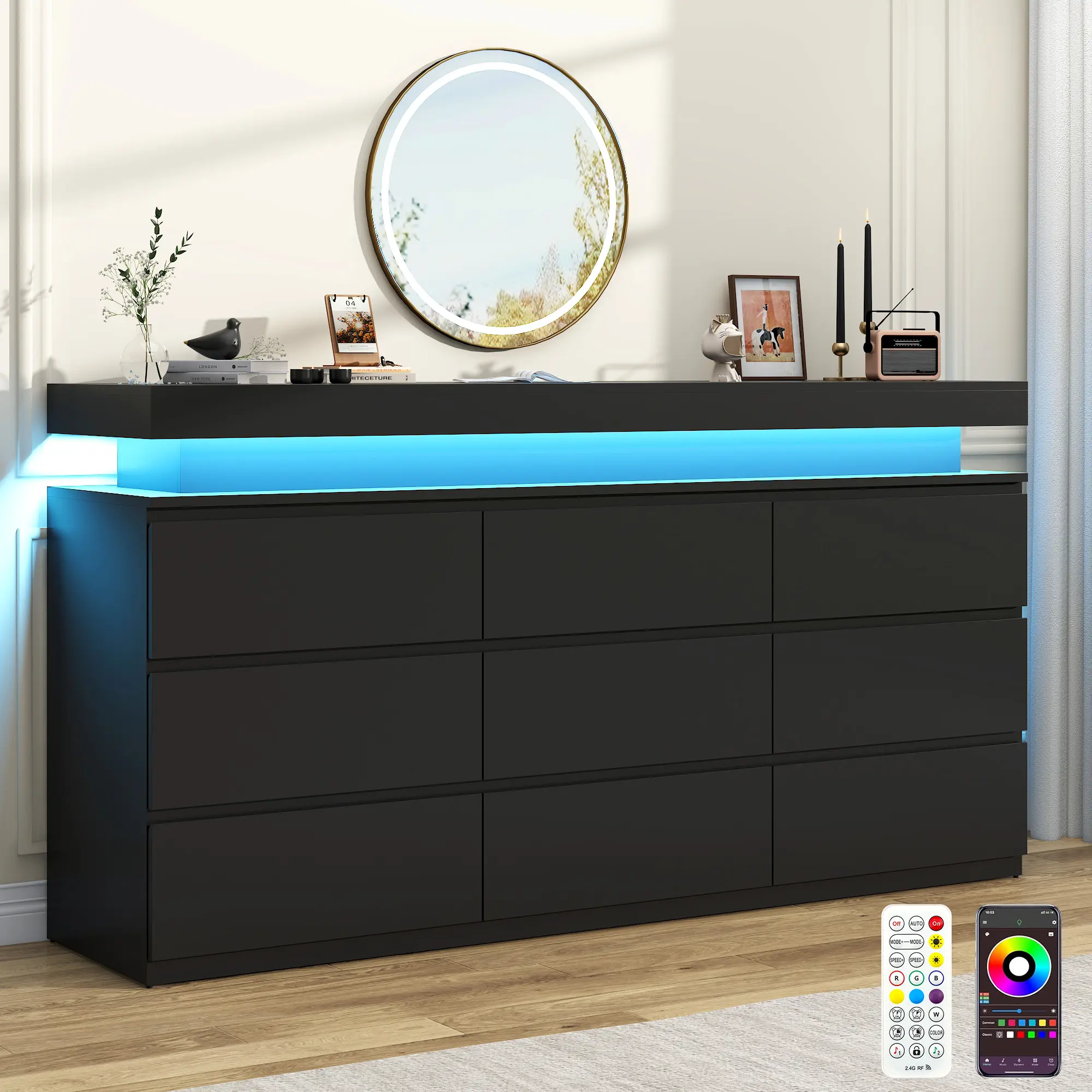 9 Drawer Dresser with LED Light, Modern Chest of Drawers for Closet, 63"  Wide Drawer Organizer Cabinet for Bedroom, Living Room, Entryway, Hallway,  Black,white - TikTok Shop