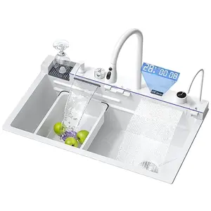 Modern 29.5x18 Inch Full White Digital Display Embossed Stainless Steel Nano Raindance Waterfall Sink with Pressurized Cup Washer and Two Waterfalls
