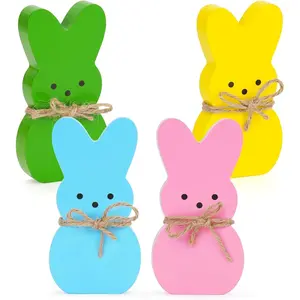 Easter Décor, 4 Pcs Bunny Table Decorations Wooden Spring Signs for Home, Wood Rabbit Tiered Tray/Mantal Décor for Farmhouse or Office Party Supplies