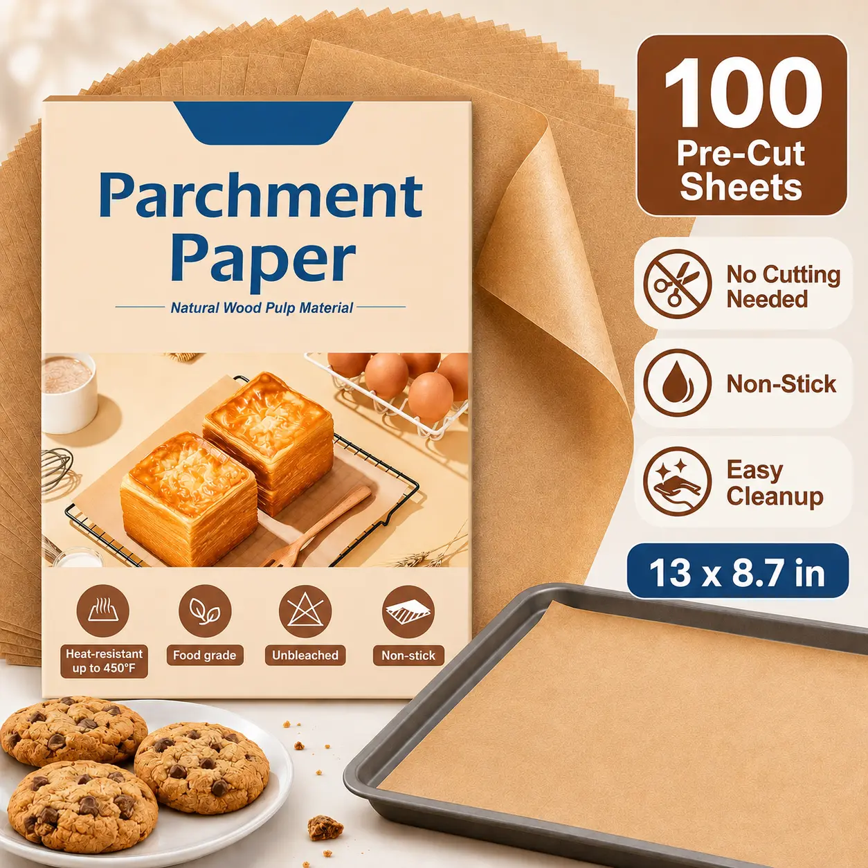 100 Unbleached, Heat-Resistant, Non-Stick Pre-Cut Parchment Paper Sheets - 9x13 inches, suitable for home baking, compatible with bakeware, ideal for grilling and steaming, perfect for party essentials.