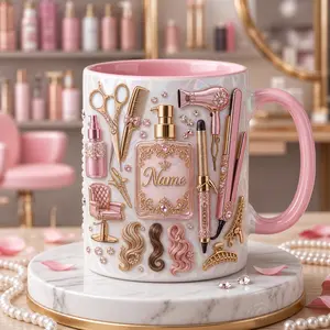 Custom Name Hairstylist Mug 2D Printed 3D Effect Coffee Mug Pink Salon Design Ceramic Cup for Hairdresser Stylist Beauty Lover Gift for Women Girls Salon Owner Birthday Graduation Appreciation Gift Idea