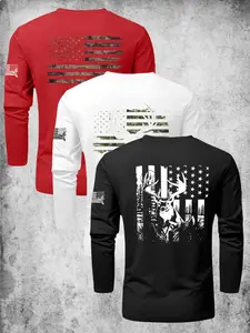 Men's Casual Stylish Long Sleeve T-Shirt Set, American Element Graphic Print, Soft Polyester Fabric, Fitted Style, Spring & Fall Wear, 3-Piece, Menswear